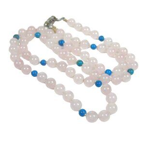 Rose Quartz Stone Necklace Blue Glass Beaded Necklace 21 inch CHIP